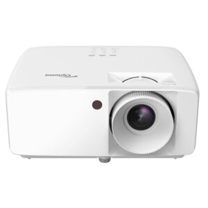 Optoma HZ40HDR 4K UHD laser projector in white, front angled view showing lens and compact design for home cinema or gaming setup.