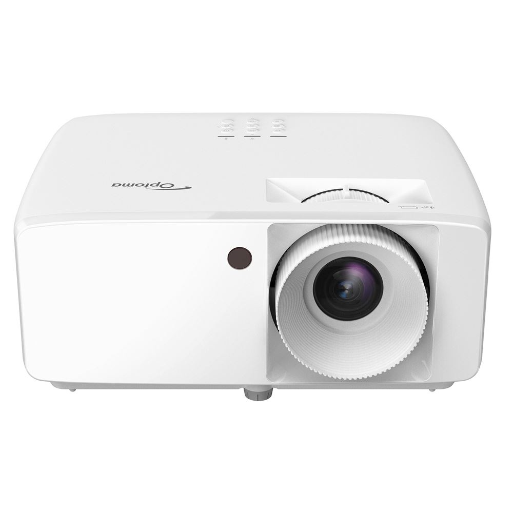 Optoma HZ40HDR 4K UHD laser projector in white, front angled view showing lens and compact design for home cinema or gaming setup.