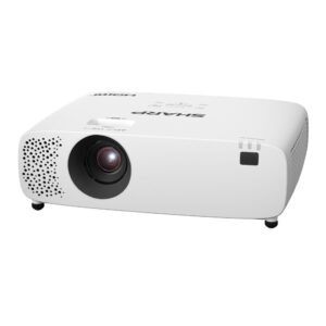 Sharp XP-E501U laser projector front angle with lens and compact body